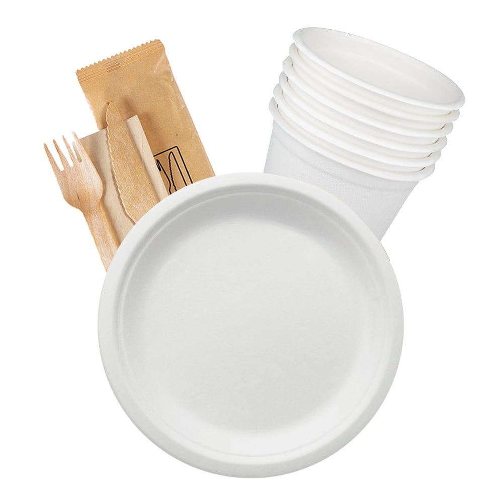 FeierStarter Pure - Zuckerrohr Teller + Zuckerrohrbecher + Besteckset - Jeweils 25 Stück